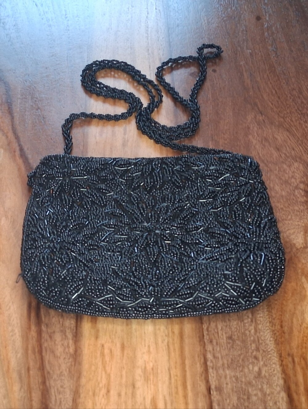 Vintage-Inspired Black Beaded Evening Bag Floral Crossbody Clutch